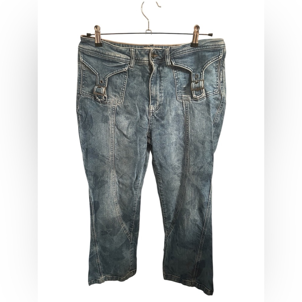 Women’s Washed Blue Denim Jeans with Pocket Buckle Detail